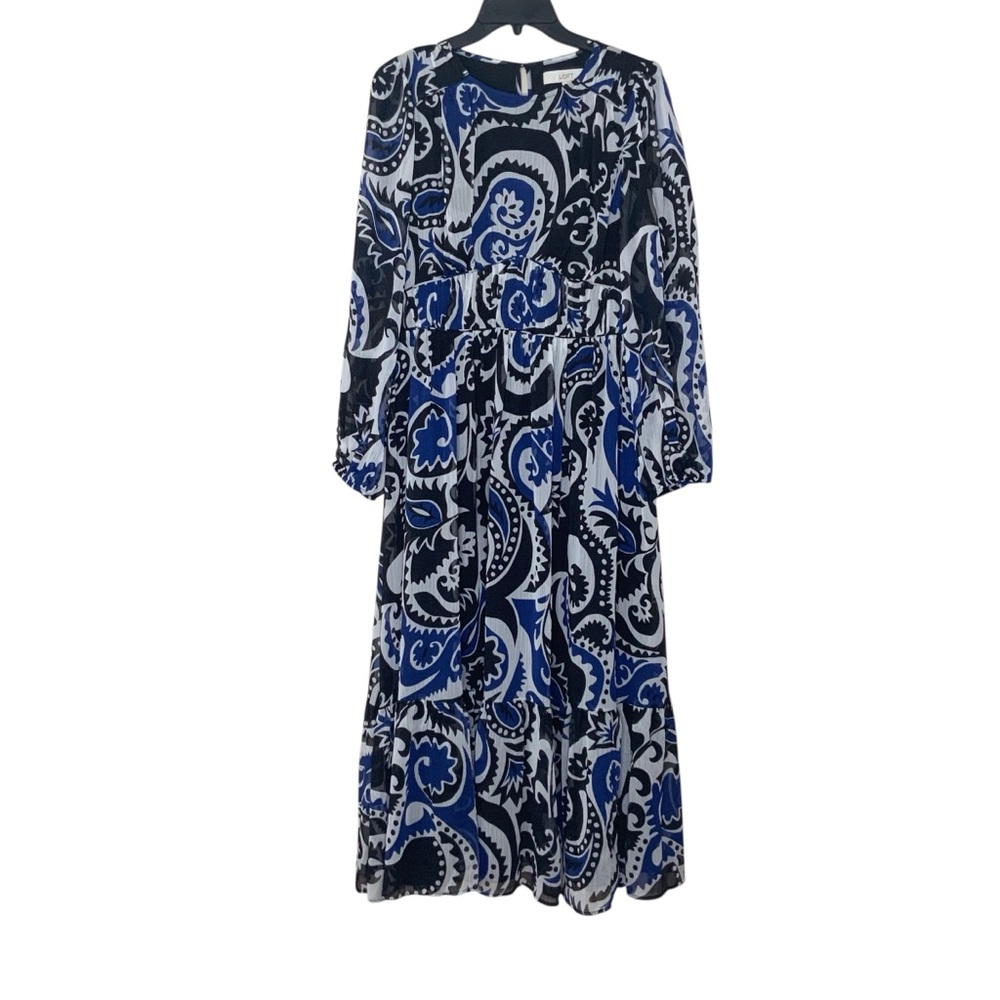 LOFT Blue and Black Paisley Long Sleeve Dress. Sheer sleeves. Size 8 - Picture 1 of 6